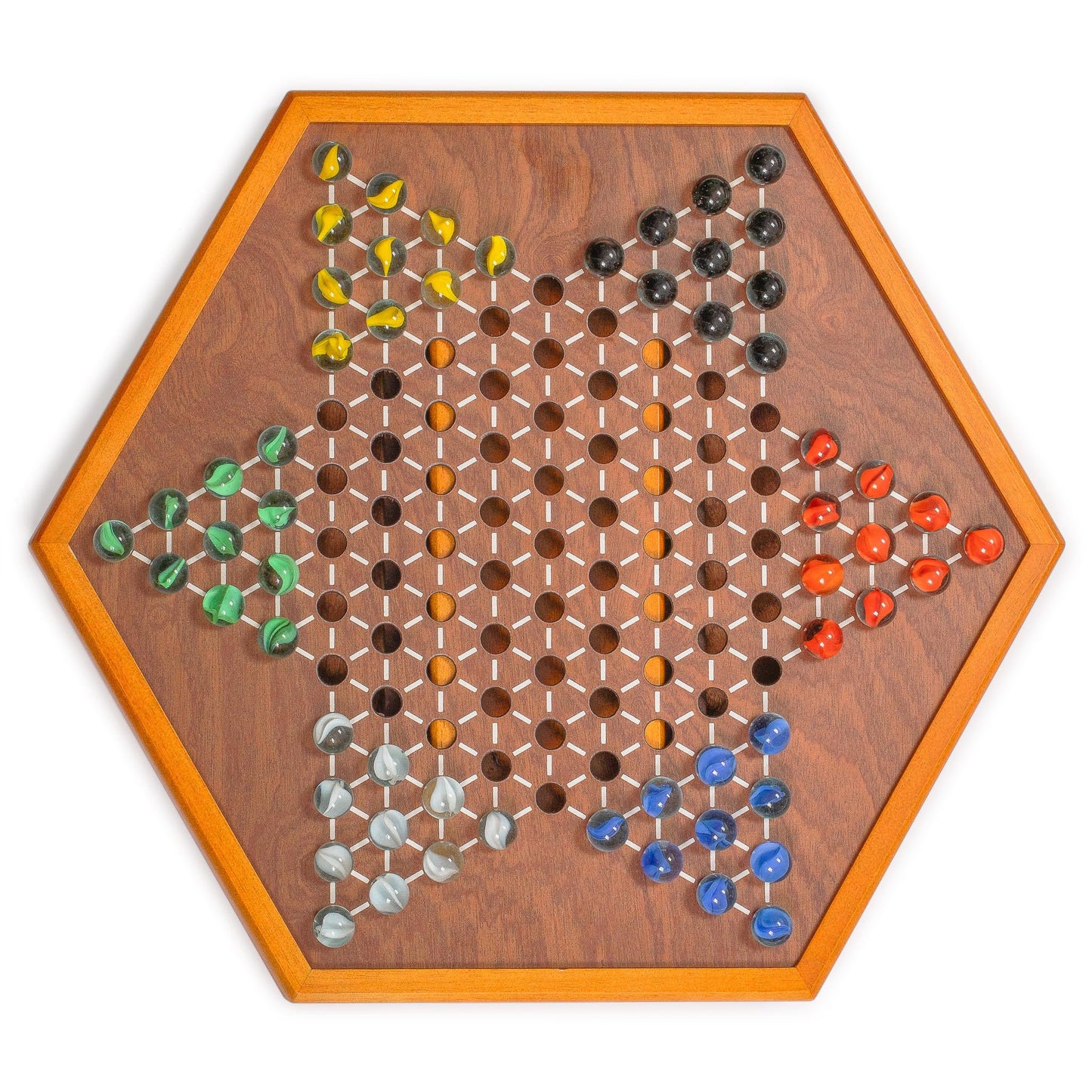 Yellow Mountain Imports Wooden Chinese Checkers Halma Board Game Set - 15.7 x 13.6 Inches - with Drawers and Glass Marbles