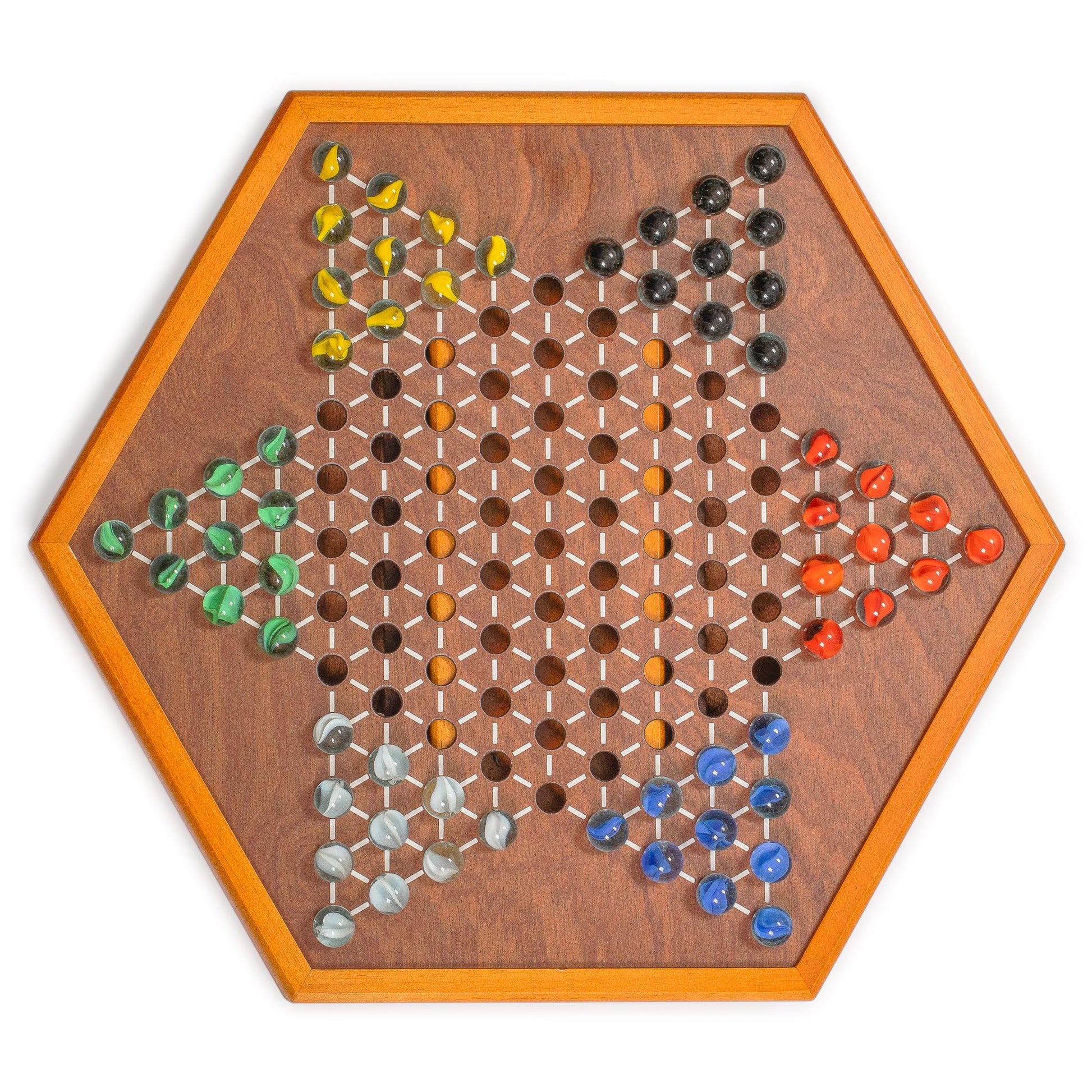 Yellow Mountain Imports Wooden Chinese Checkers Halma Board Game Set - 15.7 x 13.6 Inches - with Drawers and Glass Marbles