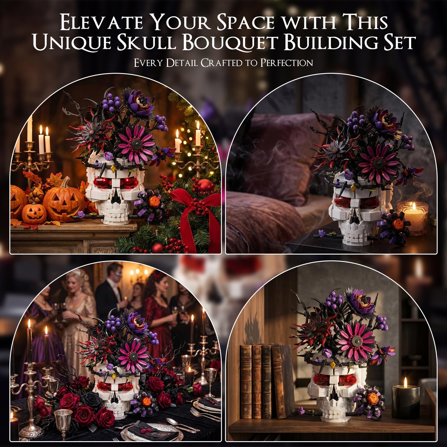 Skull Flower Bouquet Building Set, Wildflower Botanical Collection Kit for Adult Women, Horror Gothic Skeleton Decor for Goth Home Table Art Decor