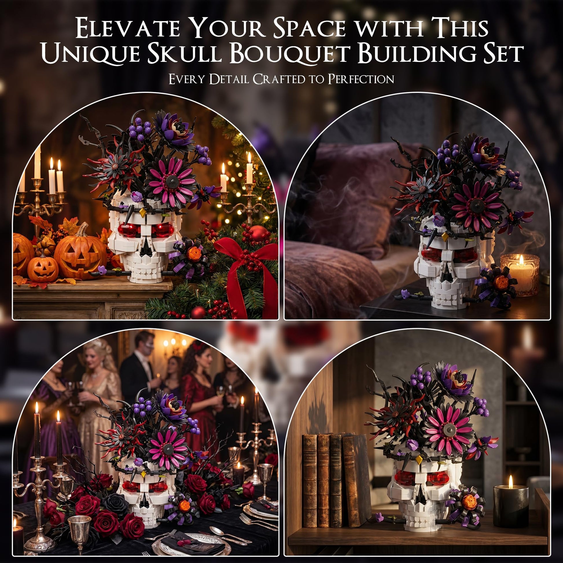 Skull Flower Bouquet Building Set, Wildflower Botanical Collection Kit for Adult Women, Horror Gothic Skeleton Decor for Goth Home Table Art Decor