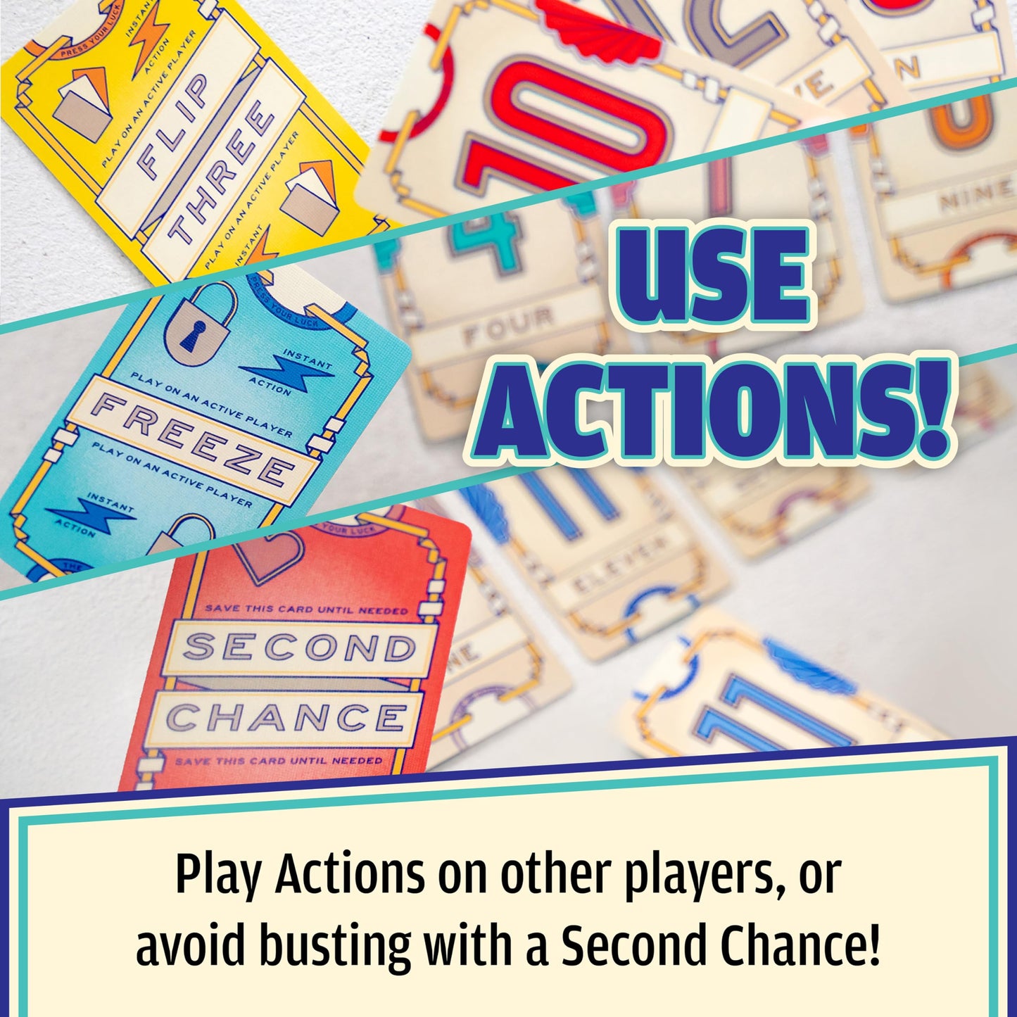 USAOPOLY Flip 7, The Ultimate Blend of Press Your Luck & Strategy, Fast-Paced Addictive Card Game,Quick to Learn & Easy to Teach,Perfect for Game