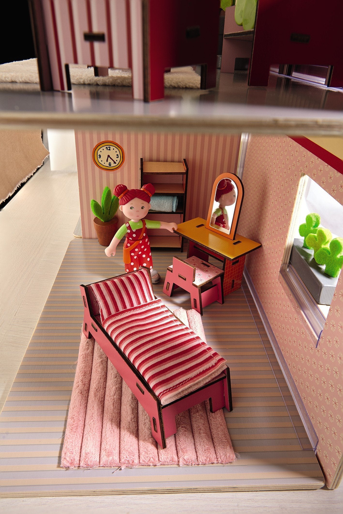 HABA Little Friends Beauty Corner - 4 Pc Dollhouse Furniture Set with Bed & Vanity