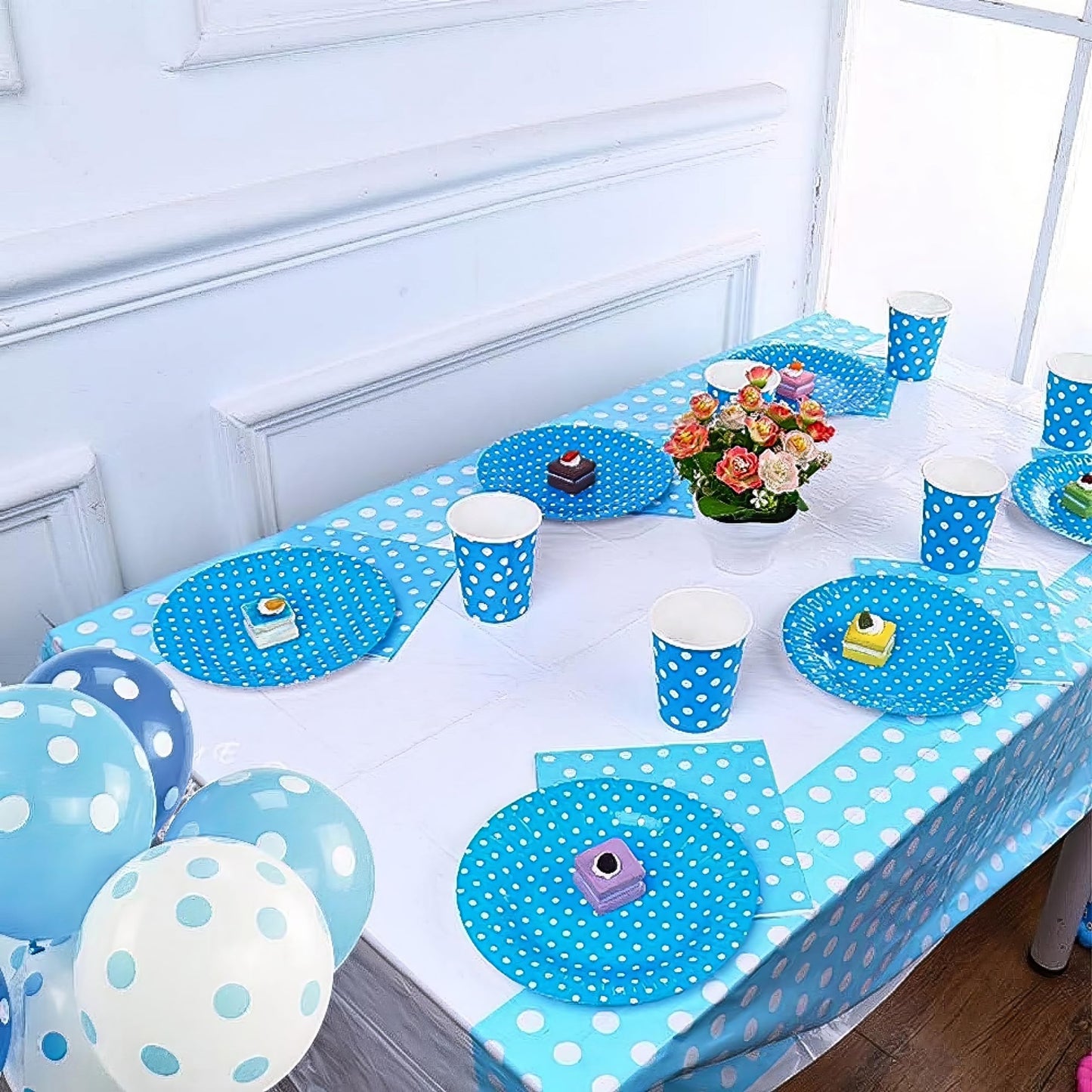 Powder Blue Dots Rectangular Plastic Table Cover (54" x 108") - 1 Pc - Perfect for Parties and Events - Instantly Elevate Your Table Setting!