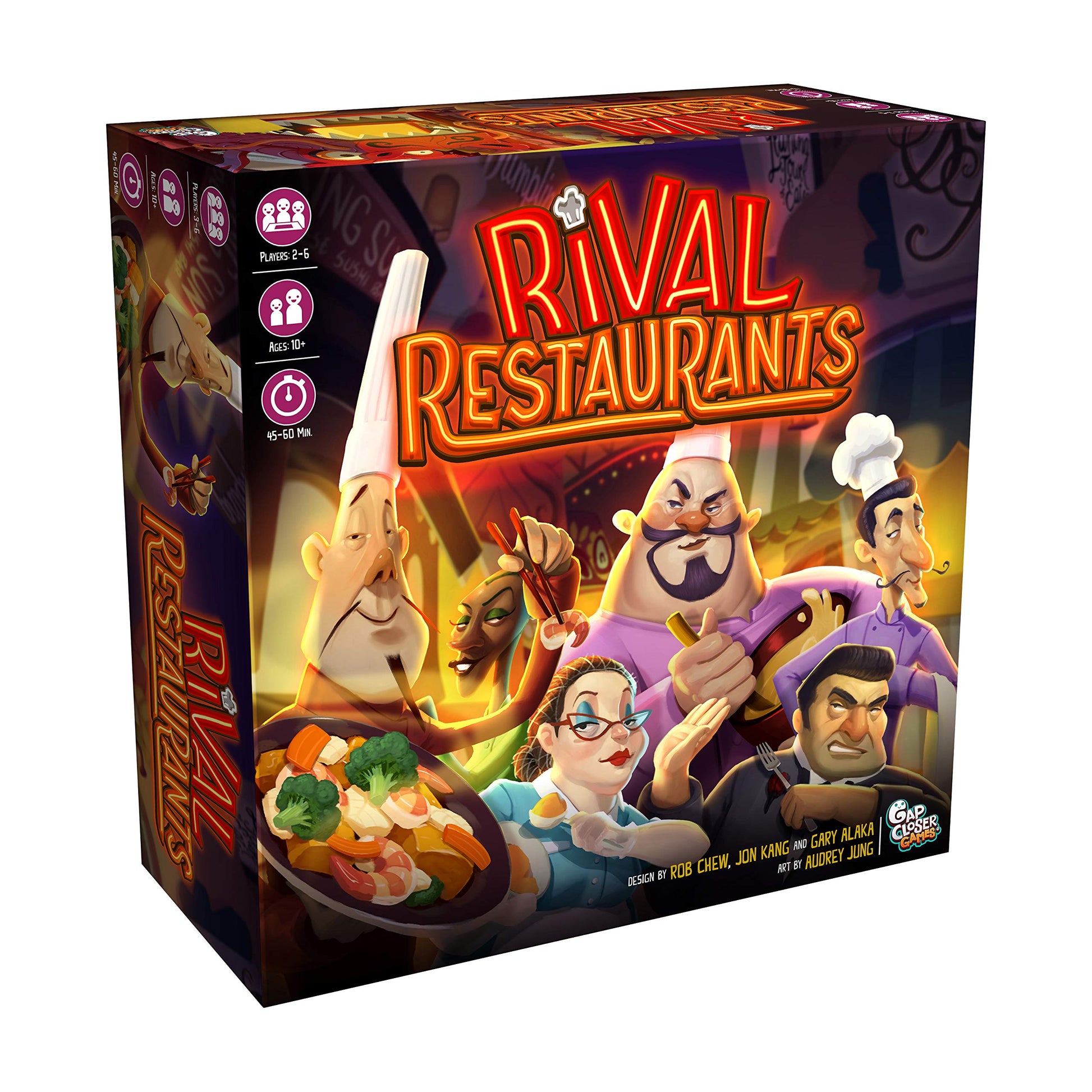 Rival Restaurants by Gap Closer Games | Strategy Board Game | 2 to 6 Players | Ages 10+ | 45+ Minutes | Unique Chefs, Upgradable Restaurants & Recipe