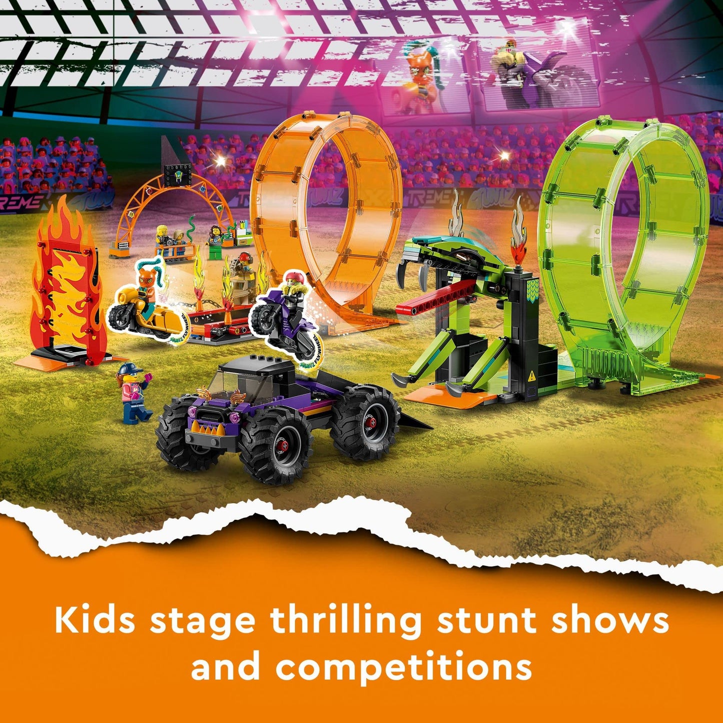 LEGO City Stuntz Double Loop Stunt Arena 60339, Monster Truck Playset with 2 Toy Motorcycles, Ramp, Wall of Flames, Ring of Fire, Snapping Snake Loop