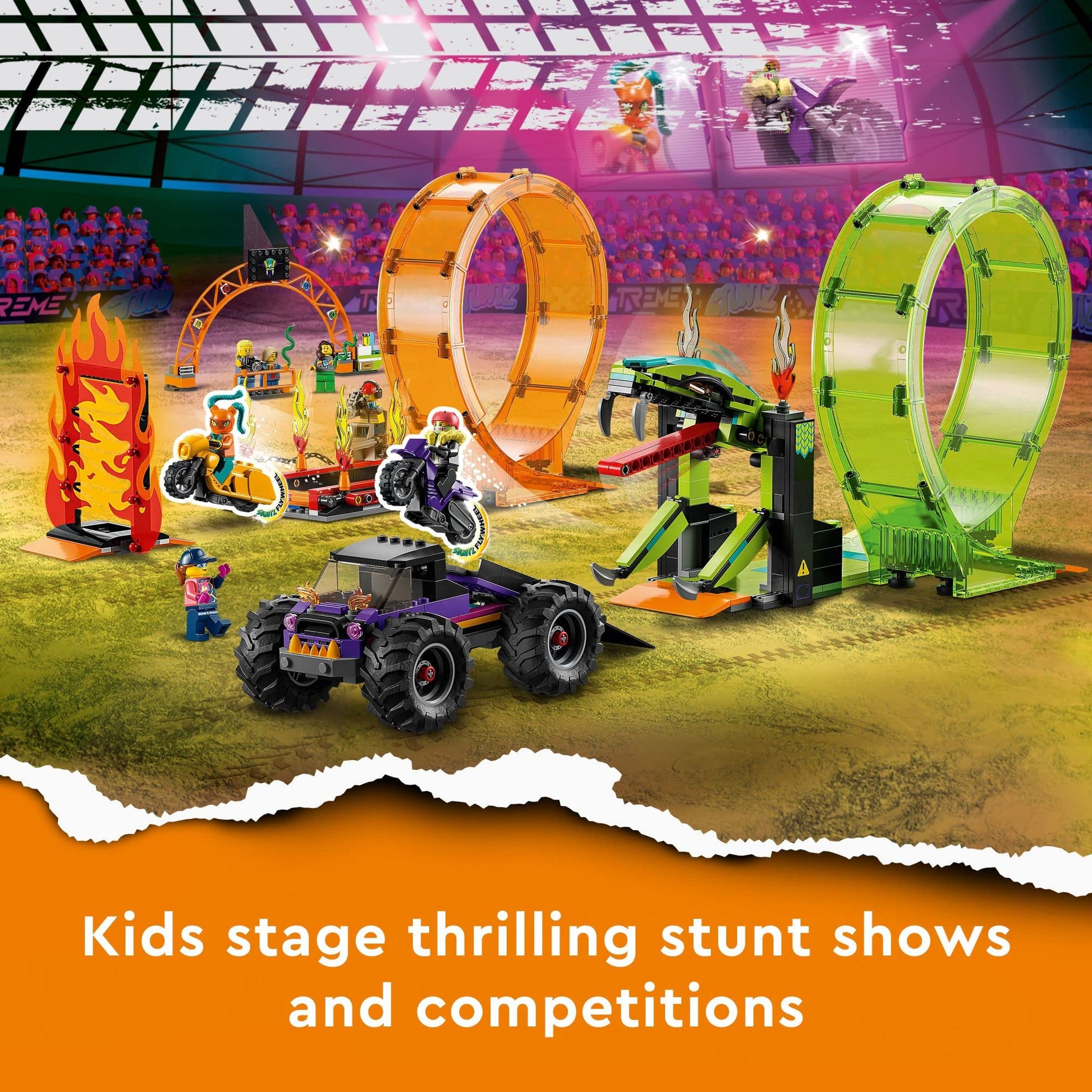 LEGO City Stuntz Double Loop Stunt Arena 60339, Monster Truck Playset with 2 Toy Motorcycles, Ramp, Wall of Flames, Ring of Fire, Snapping Snake Loop