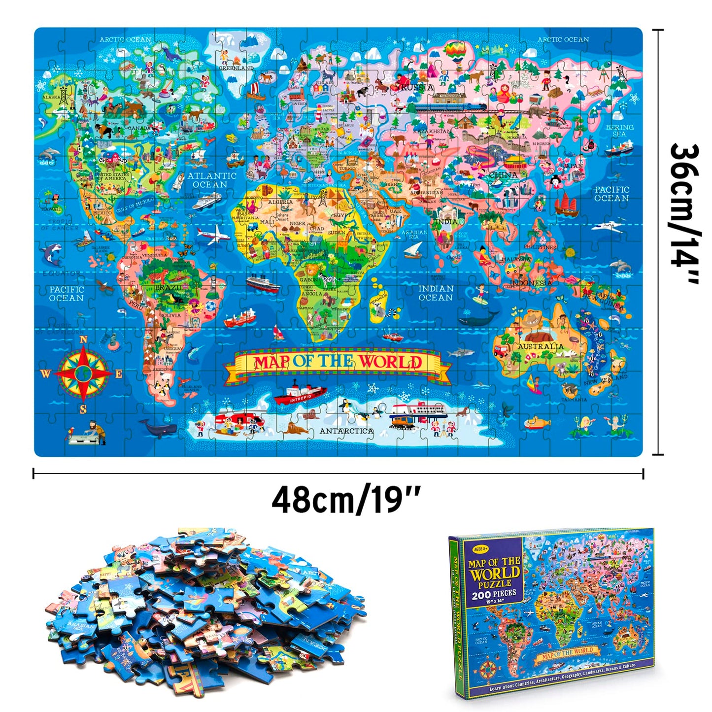 MOTYAWN 200 Pieces World Map Puzzle for Kids & Adults, World Map Jigsaw Puzzle Floor Puzzles Toddler Geography Educational Toys for Boys and Girls
