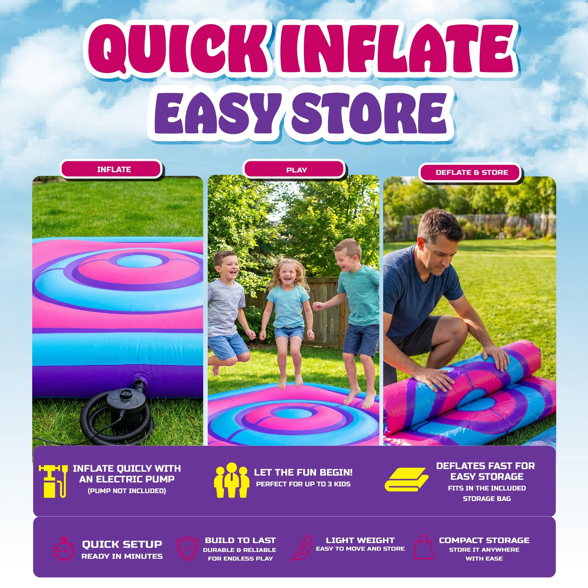 Playland 7.5 FT Inflatable Balance Platform for Kids - Bullseye Wobble Bounce Pad, Outdoor Play Toy for Backyard, Supports 300 lbs, Up to 3 Kids