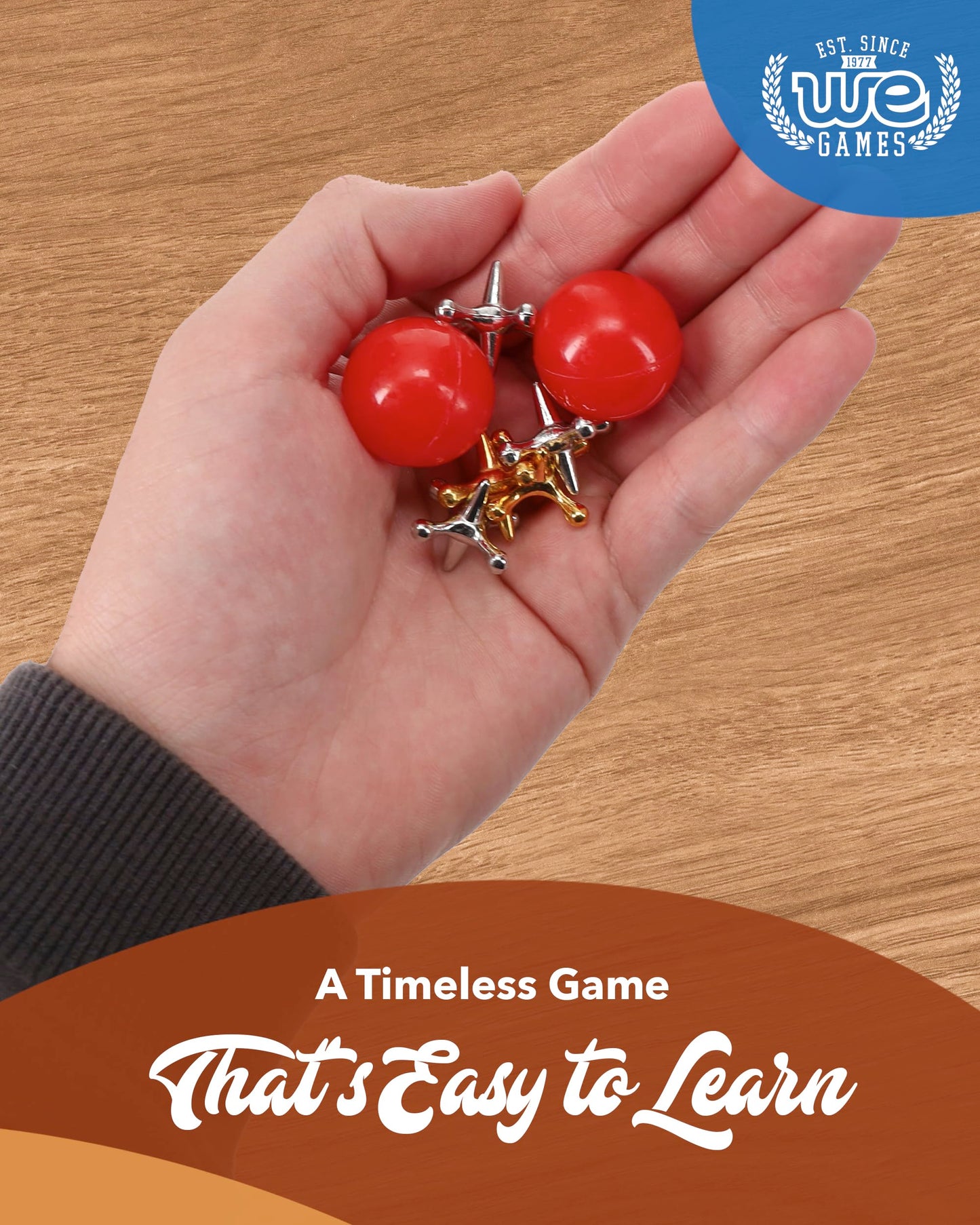 WE Games Metal Jacks Set - Classic Jacks Game with 2 Red Balls in Walnut Stain Keepsake Wooden Box - Nostalgic Floor Game