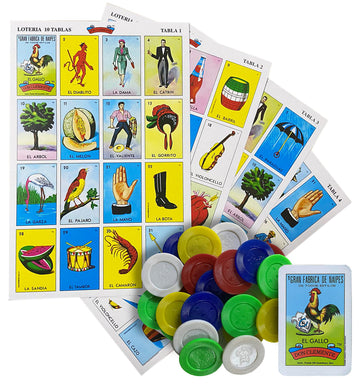 Loteria Mexicana Tradicional Jumbo Don Clemente 10 Jugadores 100 Fichas Poker - Jumbo Size Mexican Bingo Set with 100 Plastic Chips for 10 Players