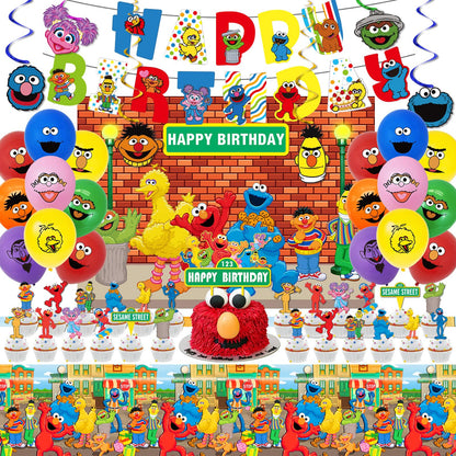 Sesame Friends Street Birthday Party Supplies, Party Decorations Set Include Banner, Backdrop, Balloons, Hanging Swirls, Cake Cupcake Toppers