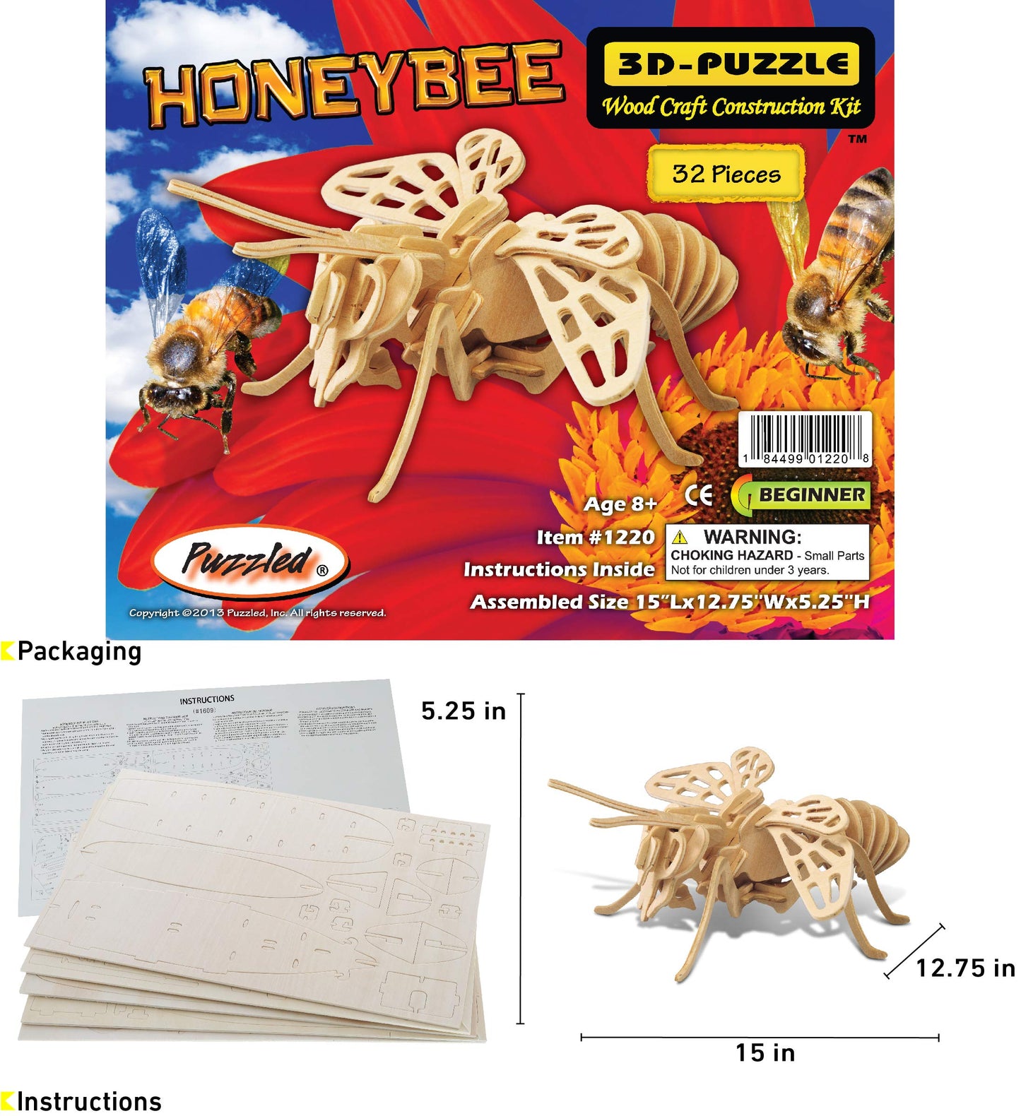 Puzzled 3D Puzzle Honeybee Wood Craft Construction Model Kit, Unique & Educational DIY Wooden Insect Toy Assemble Bee Model Unfinished Crafting Hobby