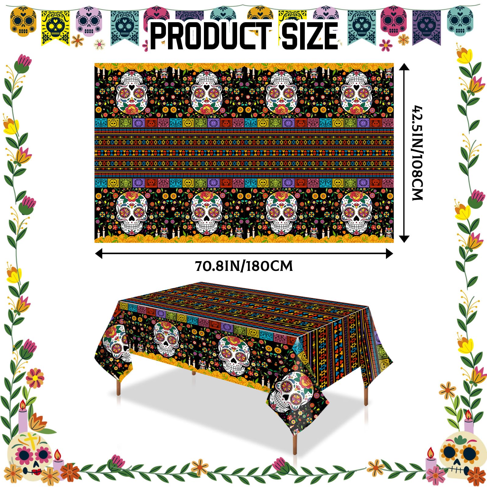 wuhuzsm 3Pcs Day of the Dead Plastic Tablecloth - 42 x 70.8 Inch