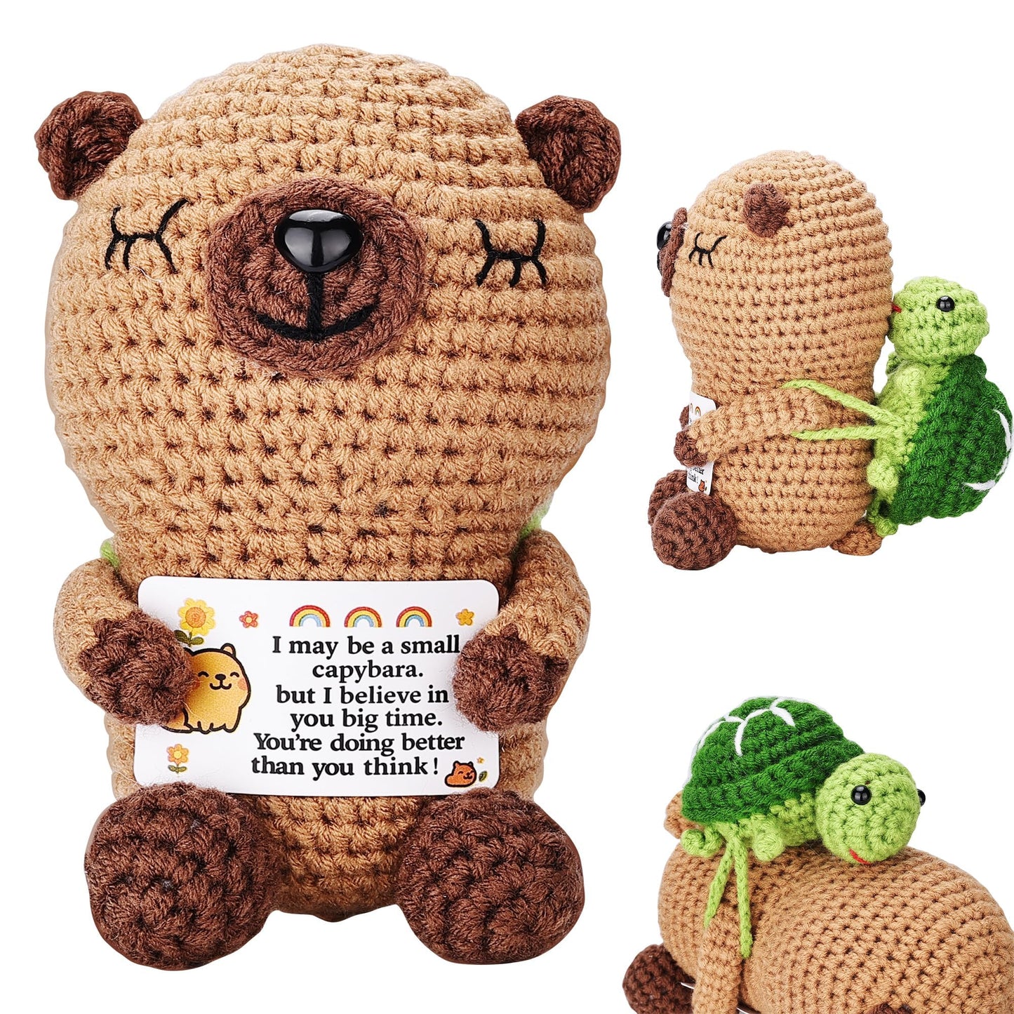 Fungi Fun Crochet Capybara Plush with Turtle - Emotional Plush with Motivational Card, Cute Capybara Crochet Doll Decor, Fun Gift for Women