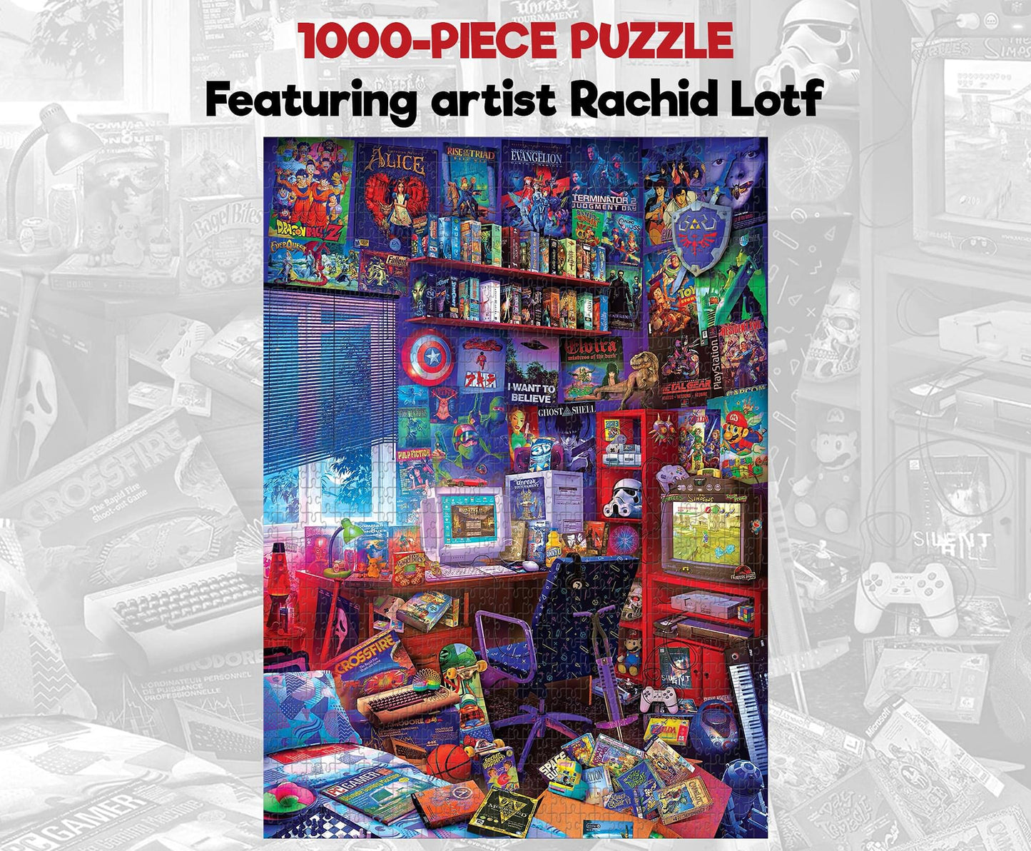 '80s Game Room Pop Culture 1000 Piece Jigsaw Puzzle By Rachid Lotf | Interactive Brain Teaser, Educational Toys & Games for Kids and Adults | 28 x 20