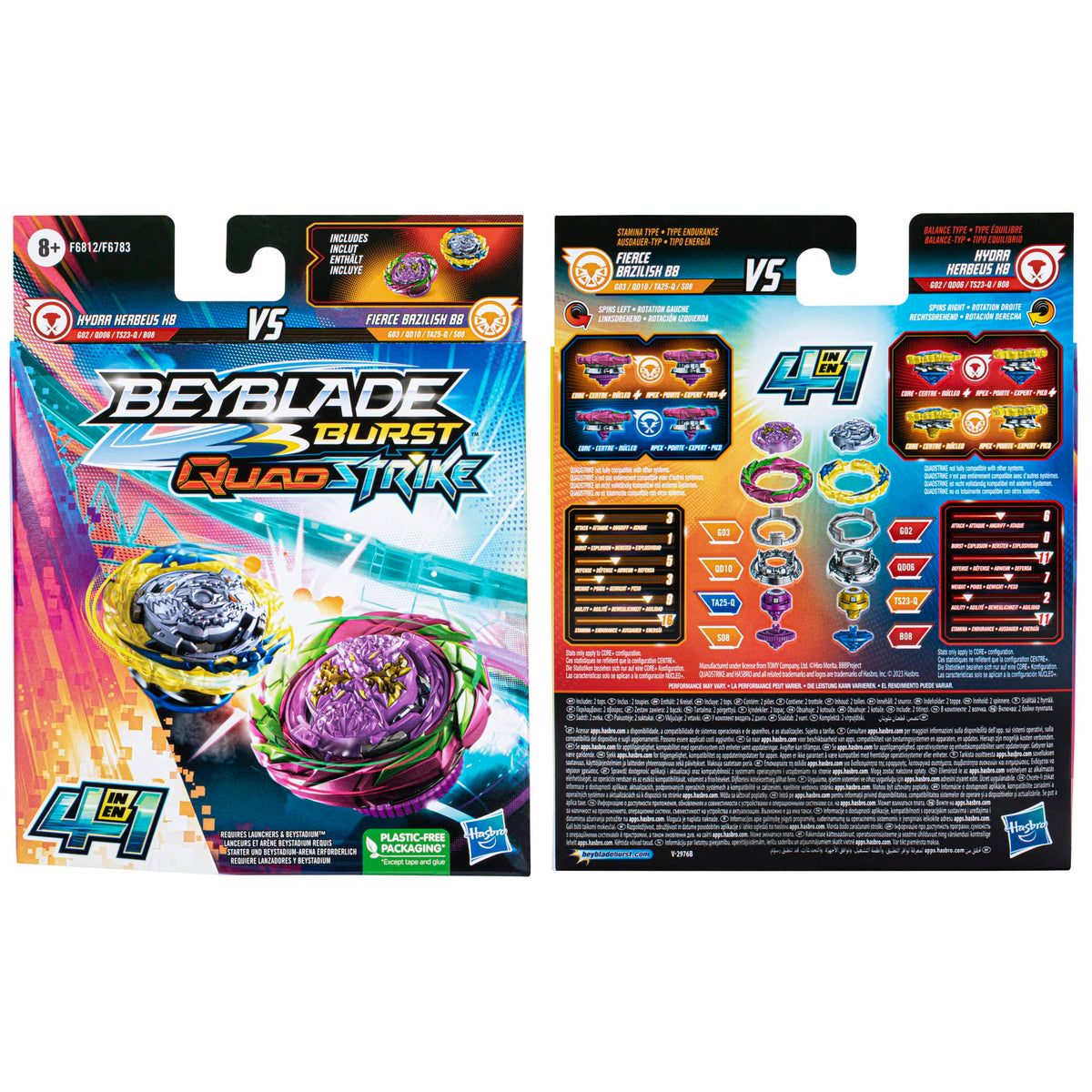 Beyblade Burst QuadStrike Fierce Bazilisk B8 and Hydra Kerbeus K8 Spinning Top Dual Pack, 2 Battling Game Top Toy for Kids Ages 8 and Up