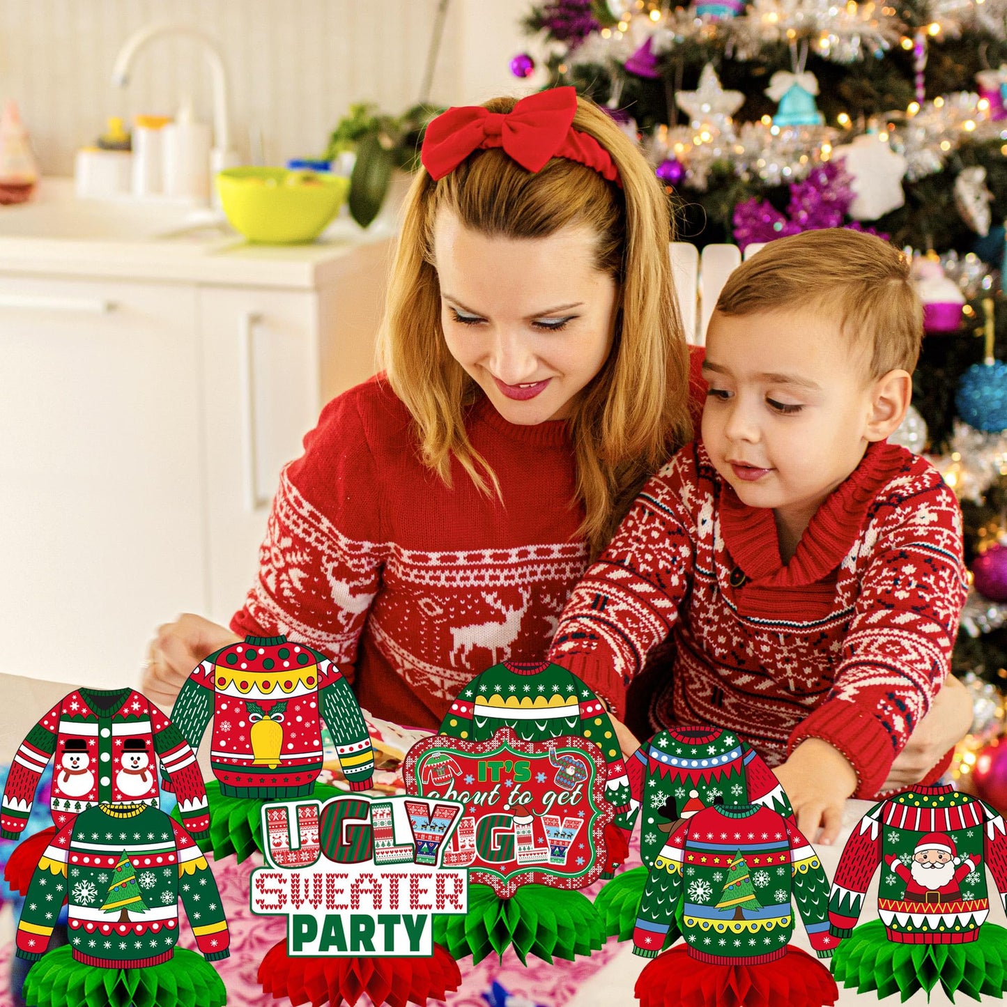 CUUSNNY 9 Pcs Ugly Sweater Party Decorations Honeycomb Centerpiece