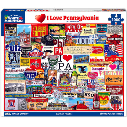 White Mountain 1000 Piece Jigsaw Puzzle Keystone State, I Love Pennsylvania