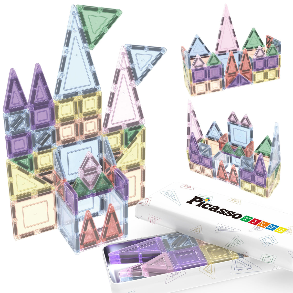 PicassoTiles 50PC Magnetic Tiles Travel Set Nano + Original Size Construction Building Block 2-in-1 Tile Collection with Tin Box Storage Case