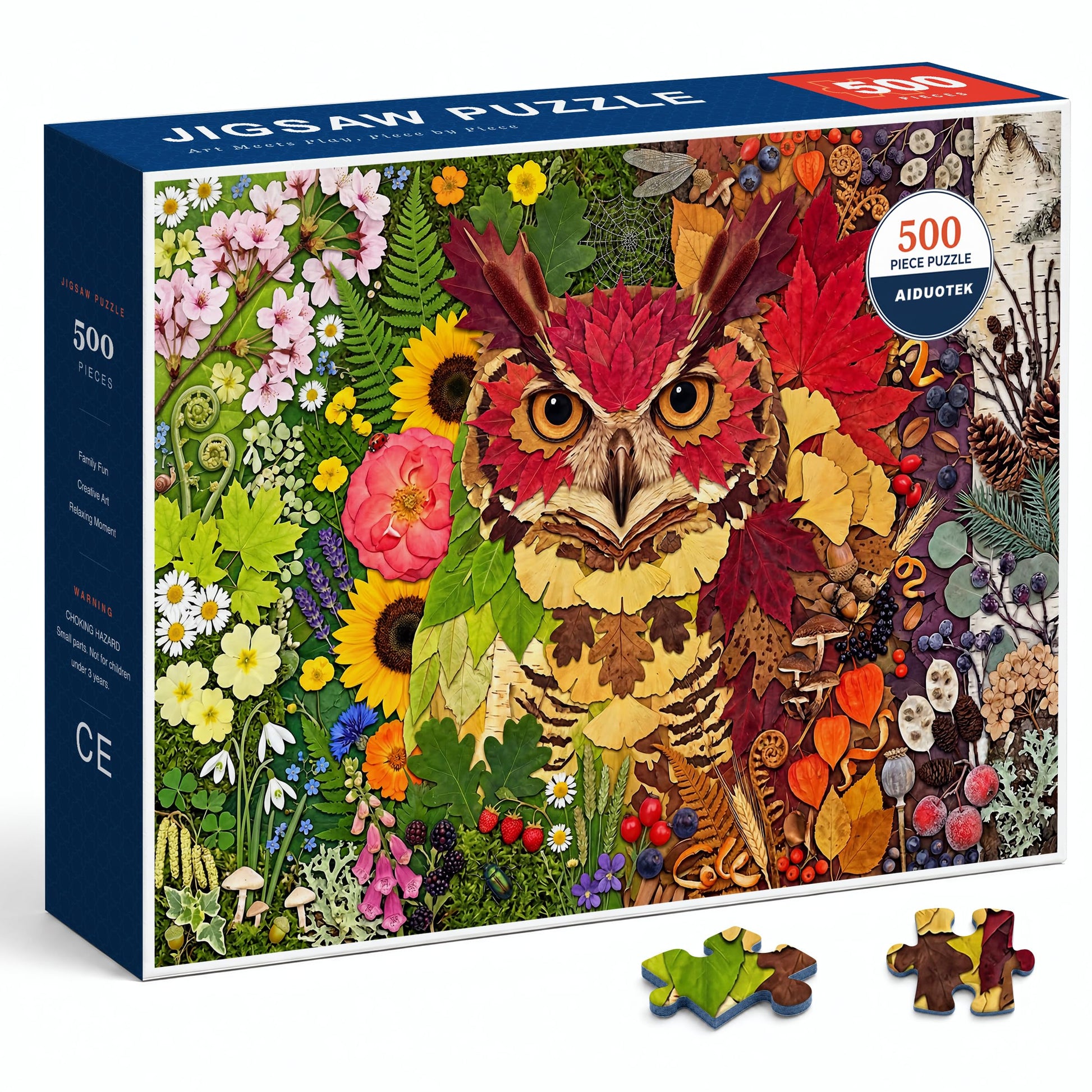 Pressed Flower Nature Collage 500 Piece Jigsaw Puzzle for Adults, Colorful Four Seasons Botanical Art Gift, Owl Variant, 20.5 x 15 in