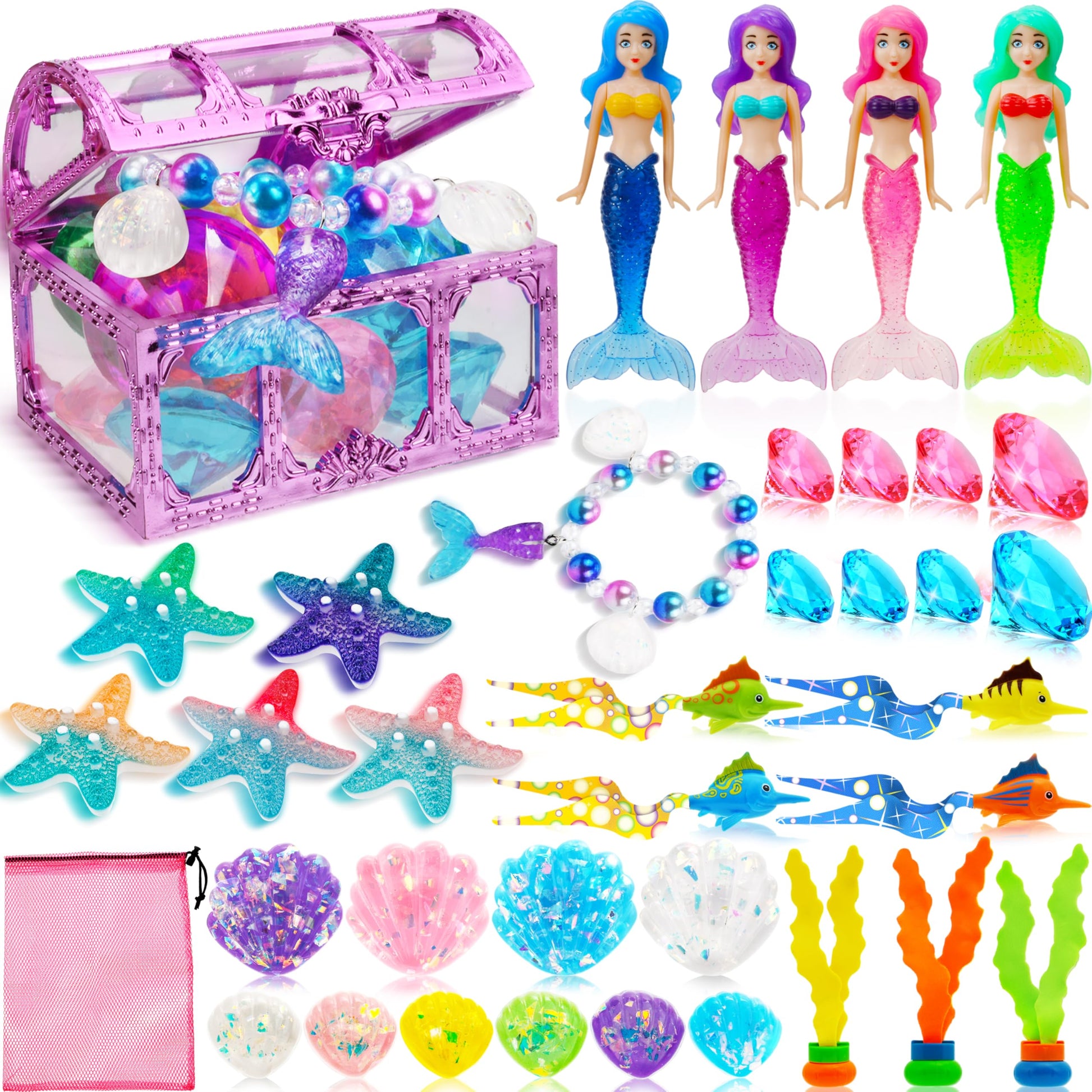 Hoplito 37 Pcs Diving Pool Toys Set with Treasure Chest, Mermaid Pool Toys Colorful Diamond with Storage Bag, Summer Underwater Game Toys Swimming