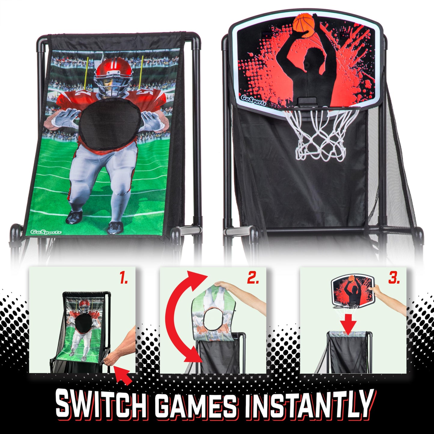 GoSports 2 in 1 Basketball and Football Toss Arcade Game for Kids Ages 3 to 8 Indoor and Outdoor Sports Toy with Hoop, Target, Balls & Pump