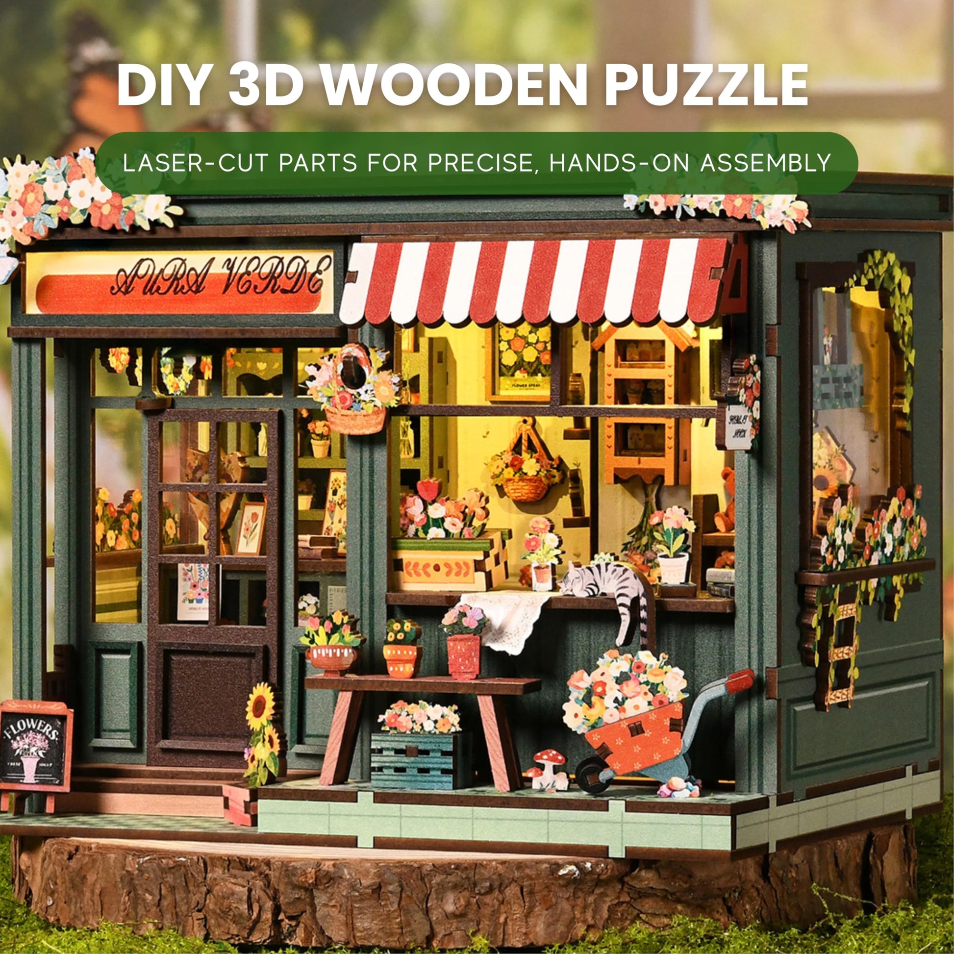 Nimpro DIY Book Nook Kit with LED Lights - 3D Wooden Puzzles for Adults (Aura Verde Flower Room)