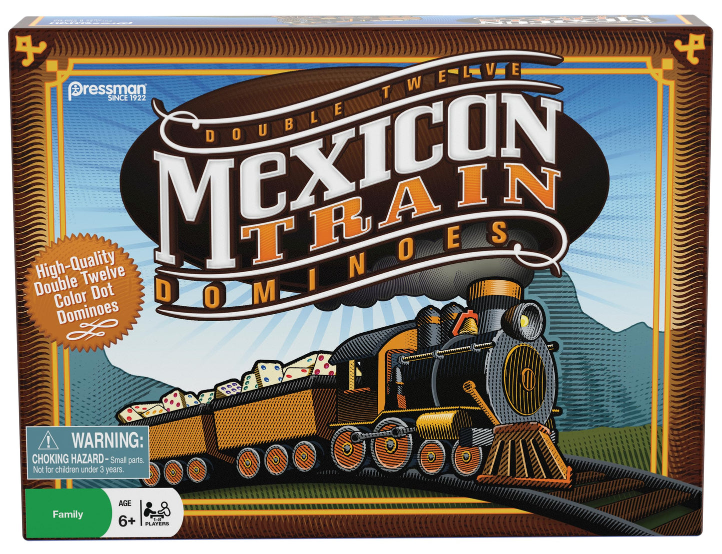 Mexican Train Dominoes - Beautiful Color Dot Double 12 Dominoes Set - Includes Train Markers and Hub by Pressman Multi Color, 5"