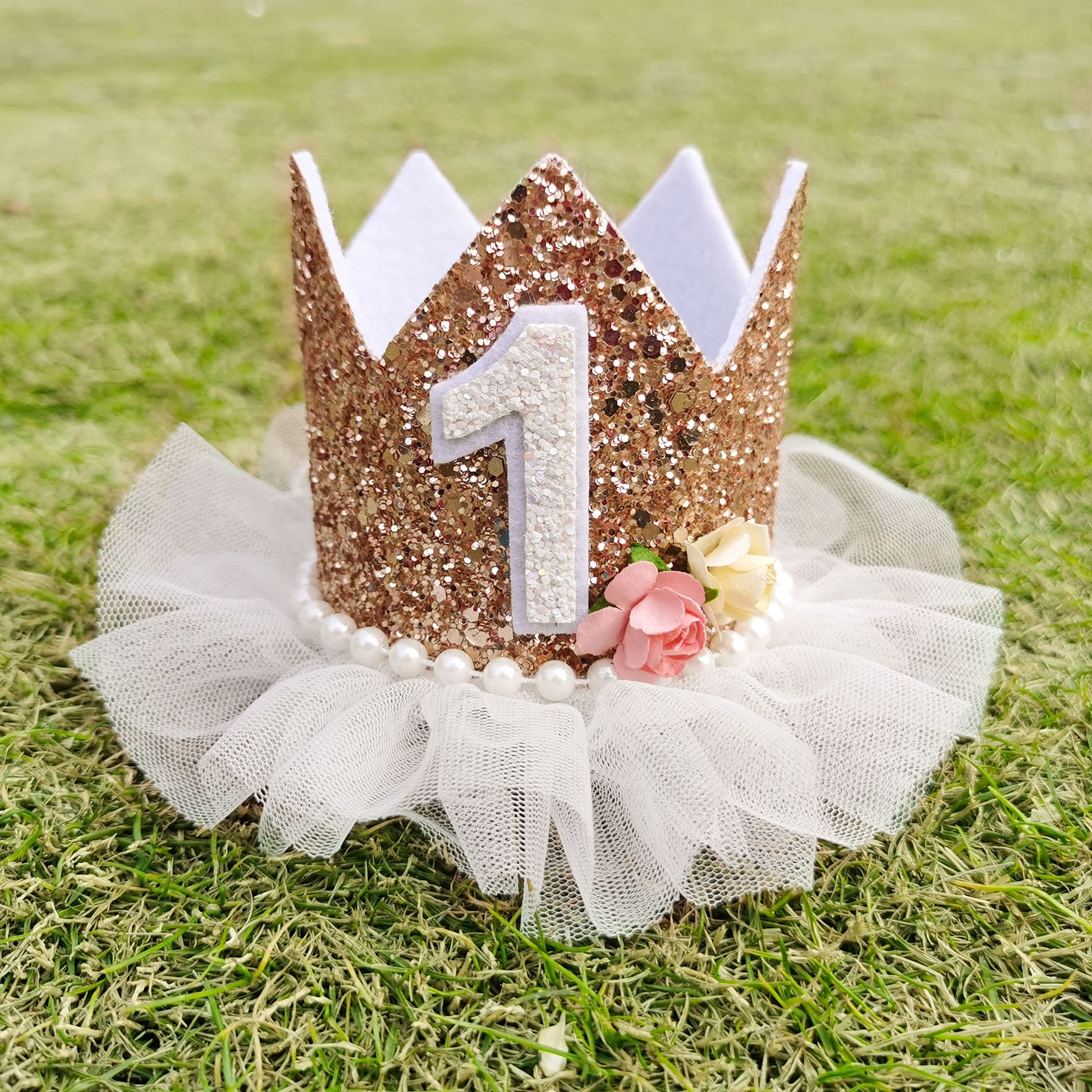 Agkvw Crown for Girls' First Birthday, Rose Gold 1st Birthday Hat, Flower Tutu Crown, Cake Smash Props, Decorations for Girls