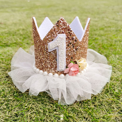 Agkvw Crown for Girls' First Birthday, Rose Gold 1st Birthday Hat, Flower Tutu Crown, Cake Smash Props, Decorations for Girls