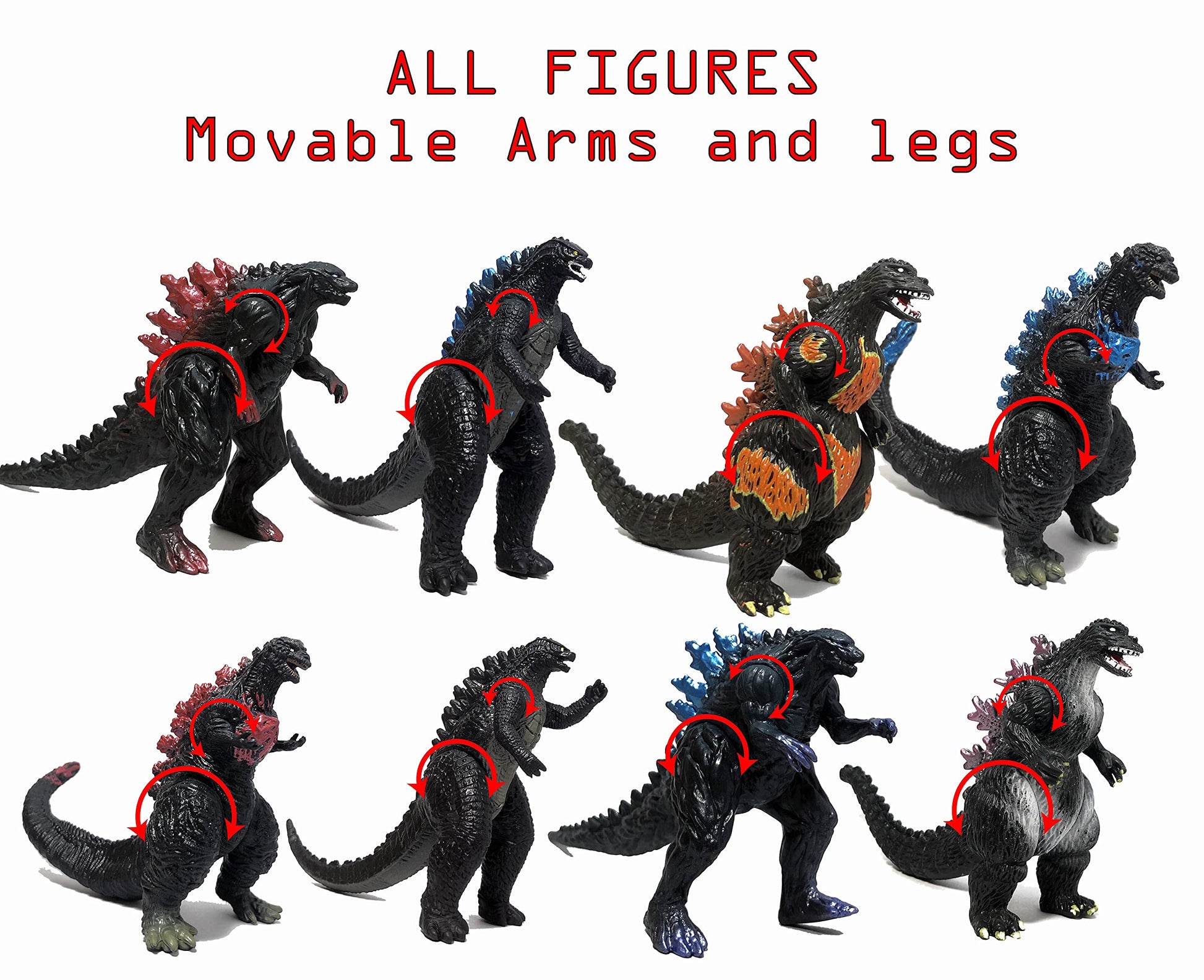EZFun Set of 8 Godzilla Toys Movable Joint Birthday Kids 2019 Action Figures King of the Monsters Burning Heisei Mecha Ghidorah Pack Plastic Mini