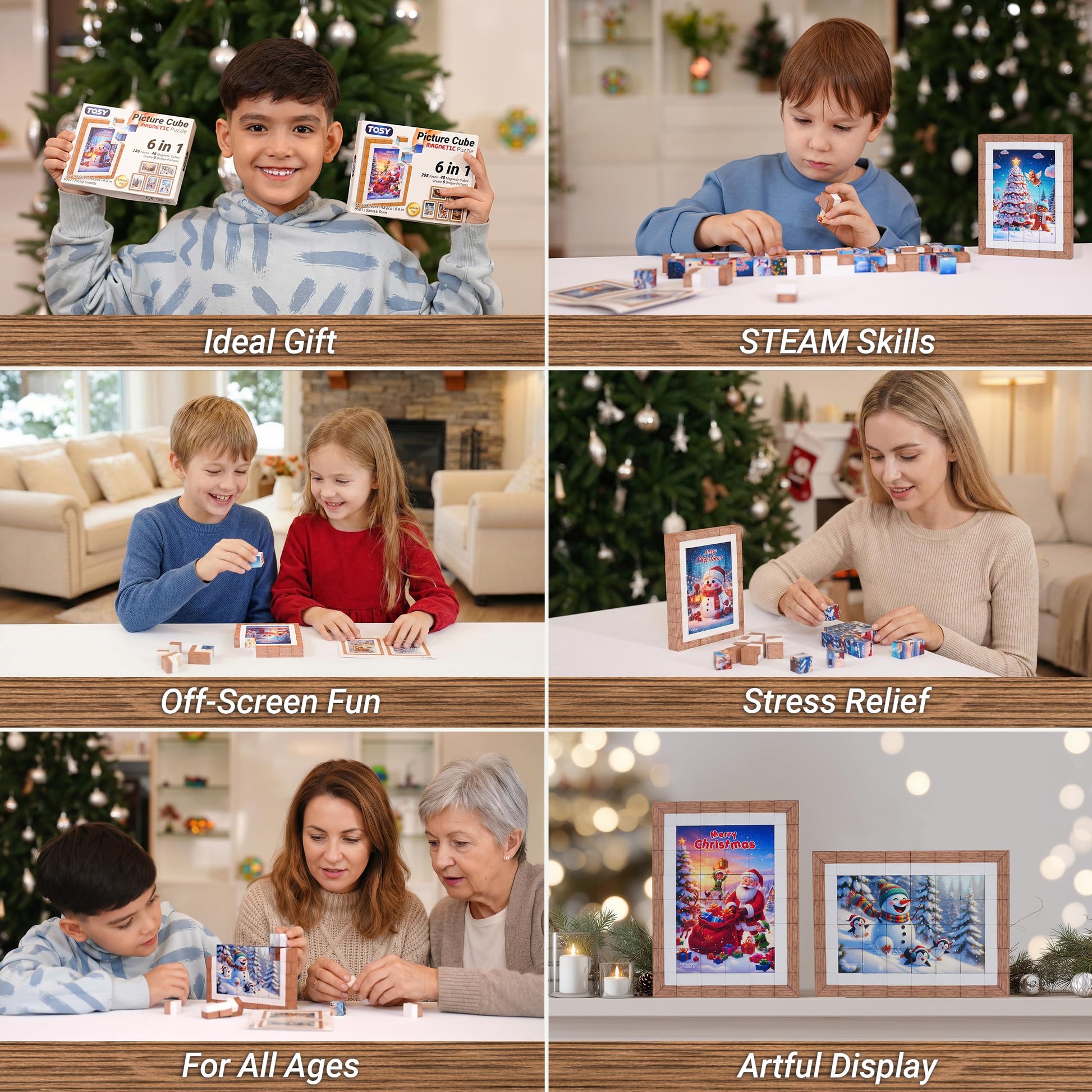 TOSY Picture Cube Santa’s Town: 6in1 Magnetic Picture Puzzle, 48 Blocks, 288 Faces/Magnets, 0.8 in, B001, Seamless UV Art, Display-Ready Frame