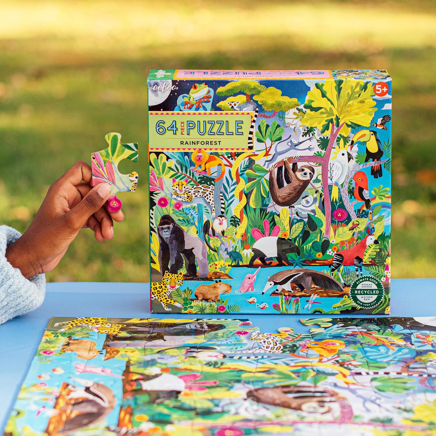 eeBoo: Rainforest - 64 Piece Puzzle - 15" x 15" Jigsaw, Vibrant Animal & Nature Scene, Informational Poster, Big Sturdy Dustless Pieces, Kids Ages 5+