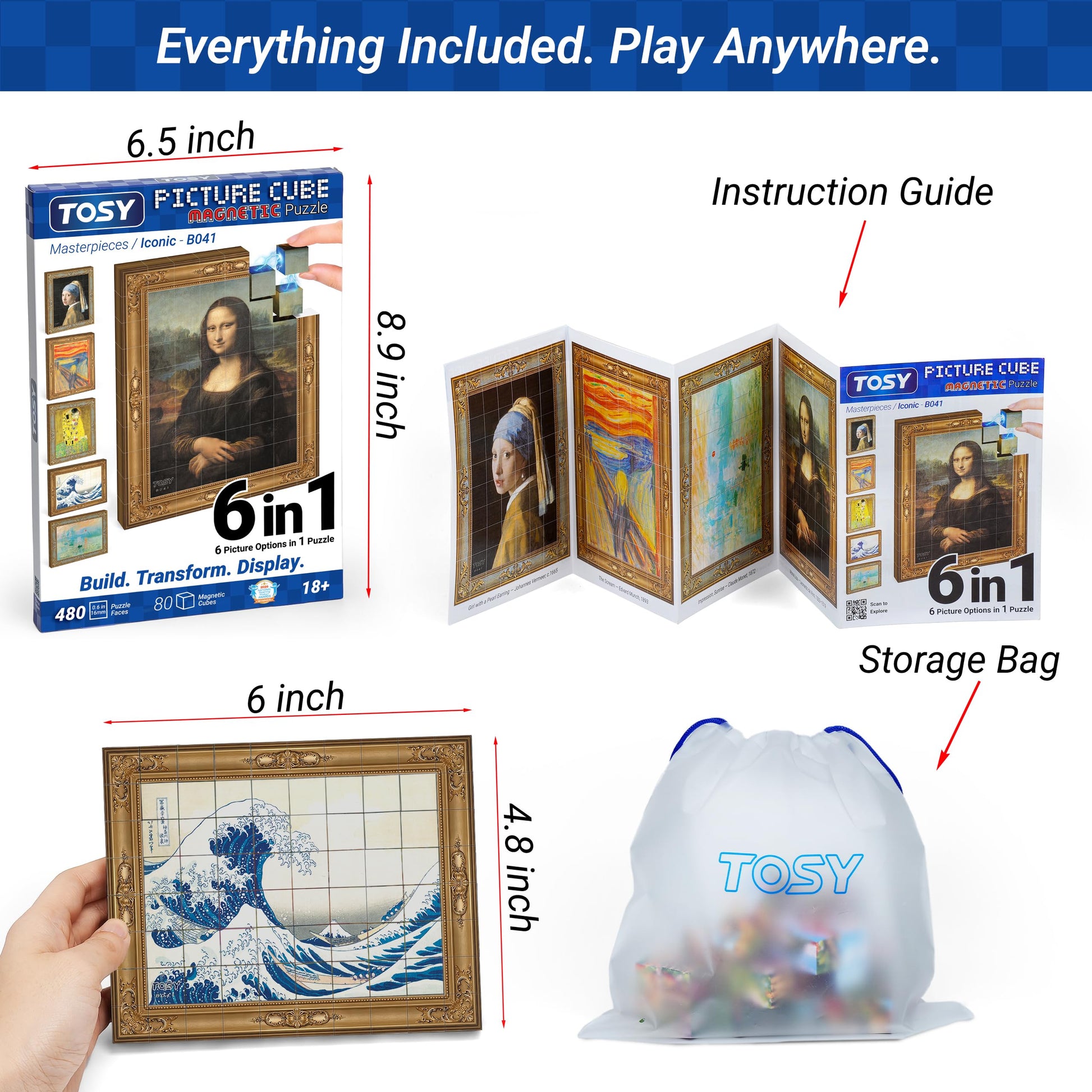 TOSY Picture Cube Iconic Masterpieces: 6-in-1 Magnetic Picture Puzzle, 80 Blocks,480 Puzzle Faces, 0.6in, B041, Seamless UV Art, Display-Ready Frame