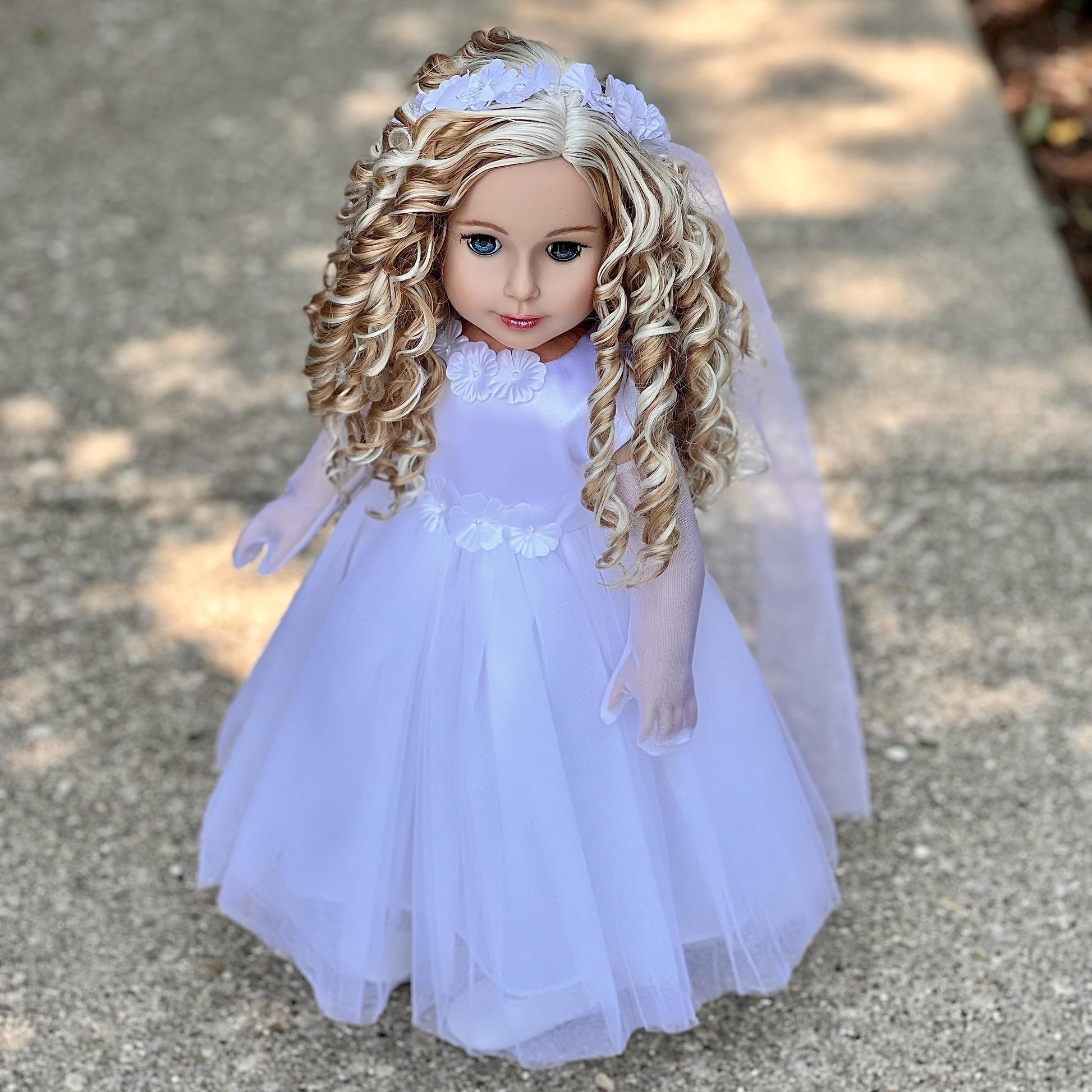 Little Angel - 5 Piece First Communion Outfit for 18 Inch Dolls - White Satin Dress, Long Veil, Crown, Gloves & White Shoes - Complete Doll Communion