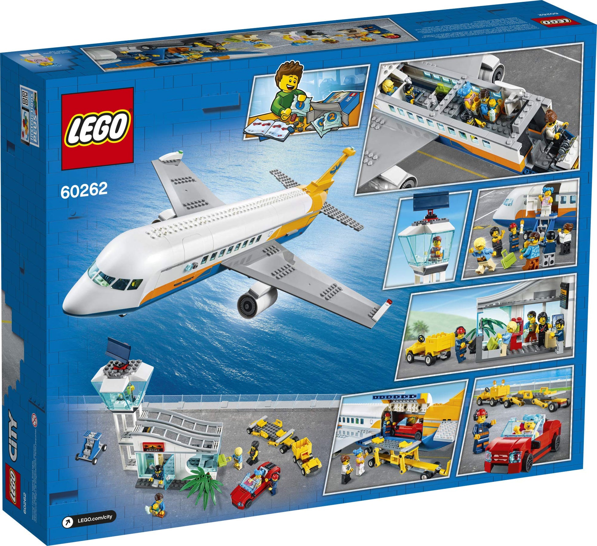LEGO City Passenger Airplane 60262, with Radar Tower, Airport Truck with a Car Elevator, Red Convertible, 4 Passenger and 4 Airport Staff Minifigures,
