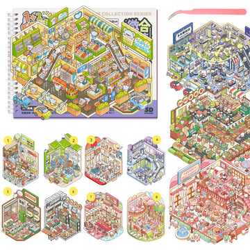 12 Sets 3D Scene Sticker Books for Adult Kids Teenager,3D Miniature Stickers Therapy for Adult Relief Stress Pass Time,Super Markets,Clothing