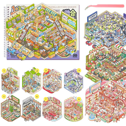 12 Sets 3D Scene Sticker Books for Adult Kids Teenager,3D Miniature Stickers Therapy for Adult Relief Stress Pass Time,Super Markets,Clothing