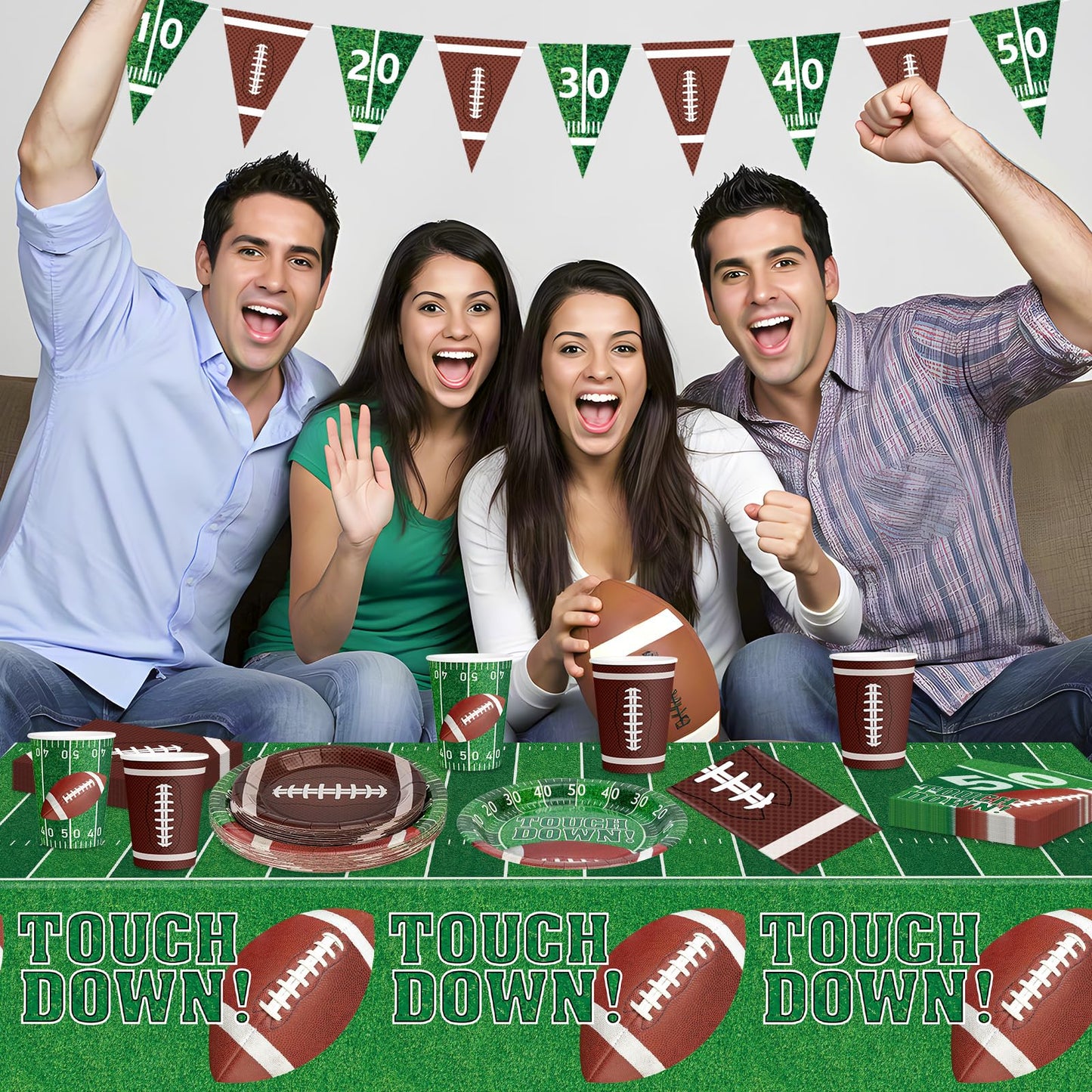 99 Pcs Football Party Supplies Sets, Includes Touchdown Dinner Plates, Dessert Plates, Napkins, Rugby Tablecloths, Cups and Banner for Football