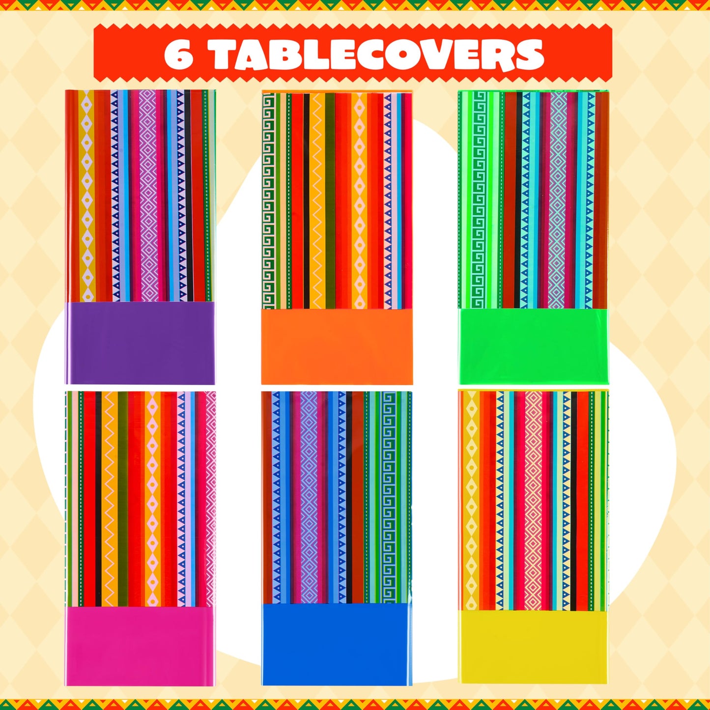 JOYIN 6 pcs Mexican Fiesta Tablecloth 54 x 108'' Party Plastic Tablecloth Striped Table Cover for Cinco De Mayo Decorations, Taco Night, Birthday