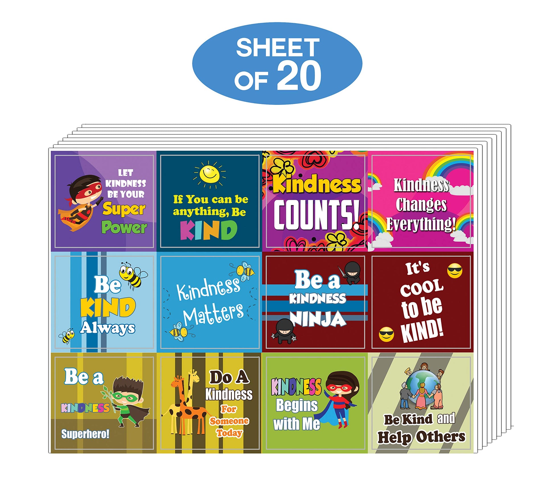 Creanoso Be Kind Stickers for Kids (20-Sheet) - Premium Design Gift Stickers - Awesome Stocking Stuffers Gifts for Boys & Girls, Children, Teens