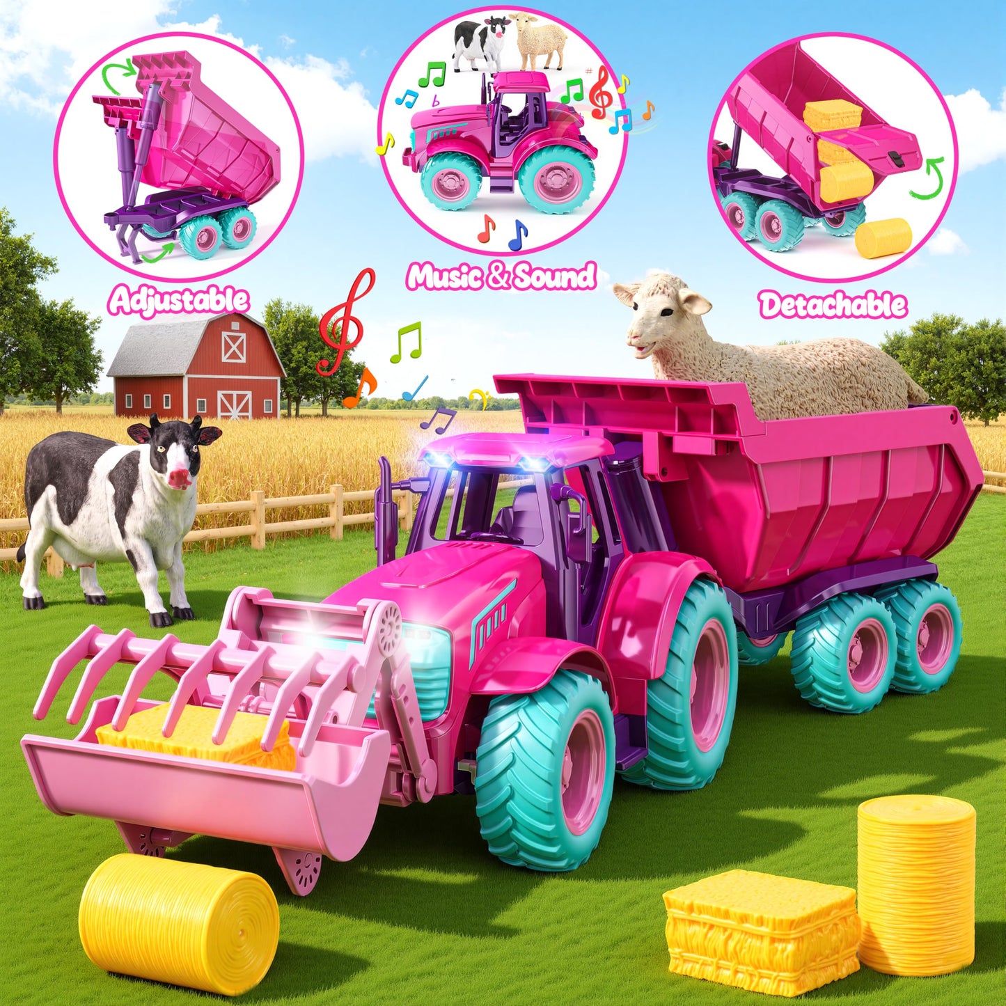 Funwee RC Tractor Toy Set with Light & Sound, Kids Farm Car Animal Trailer Wheels Remote Truck, Outdoor Vehicle Toys for 3-7+ Years Old Toddler Boy