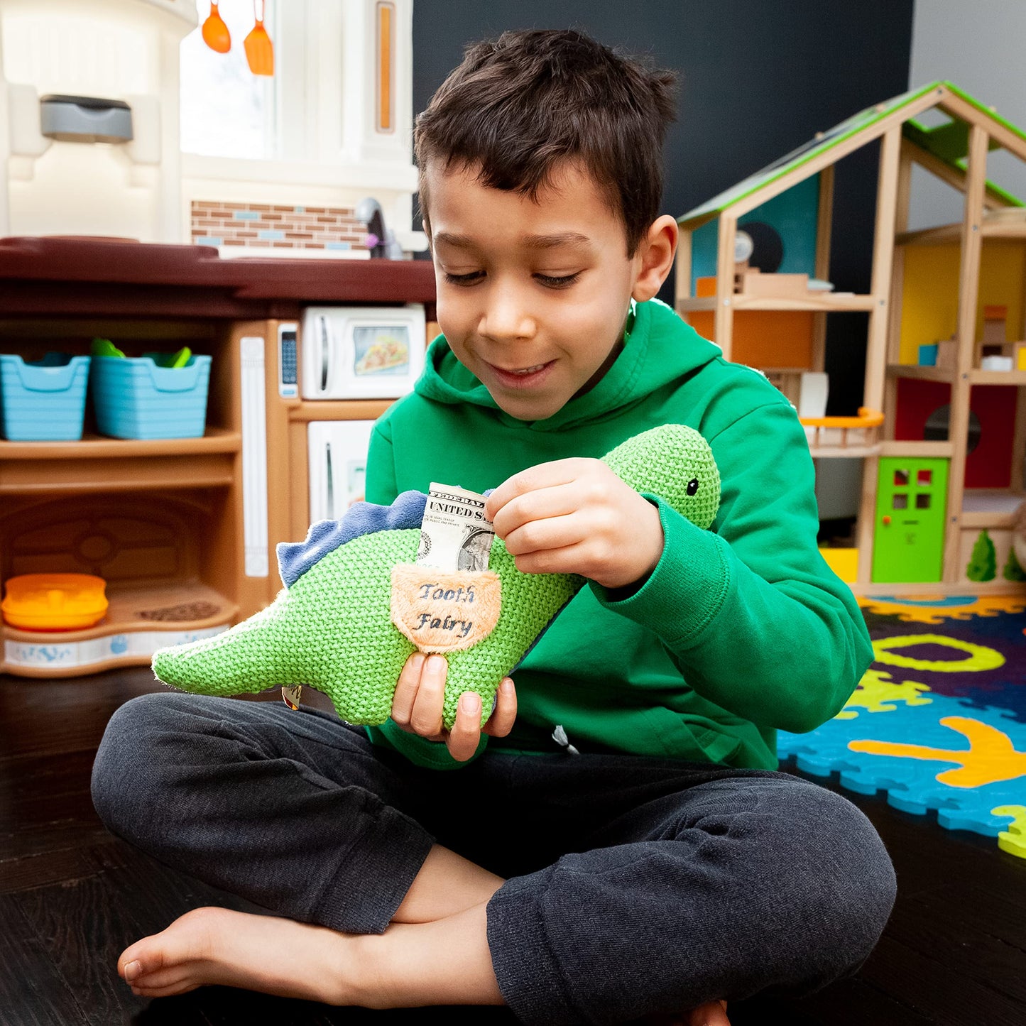 Maison Chic Danny the Dinosaur Tooth Fairy Pillow for Boys - Plush Green Dinosaur with Tooth Pocket for Boys and Girls