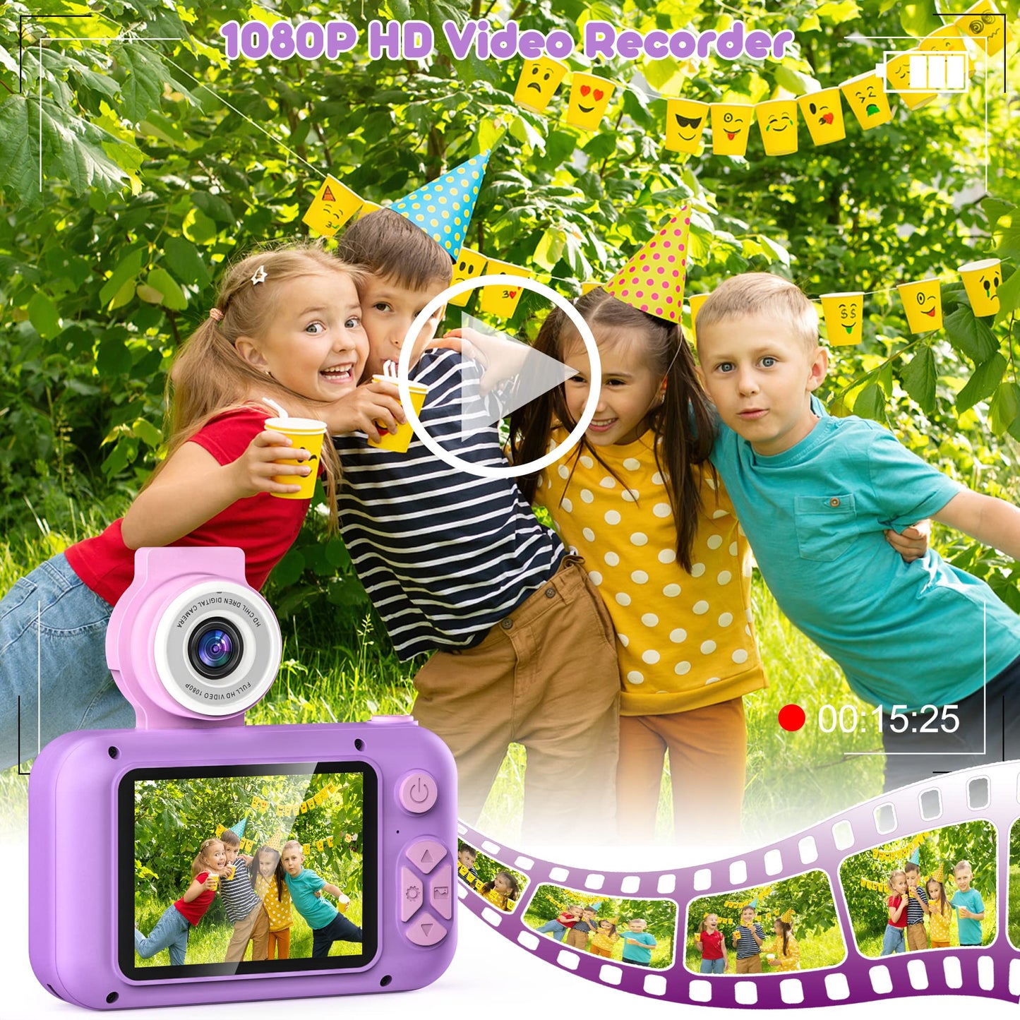 PURULU Kids Camera with 180° Flip-up Lens for Selfie & Video, HD Digital Video Cameras for Toddler with 32GB SD Card, Ideal for 3-8 Years Old Girls