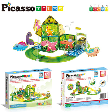 PicassoTiles Dinosaur Magnetic Tiles Racecar Track with 8 Magnet Tile Dino Toys 2 Cars Street Sign Accessory Kit Construction Building Blocks