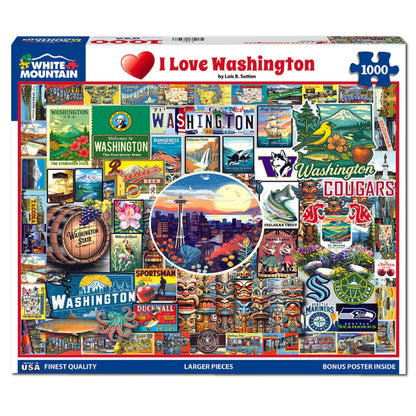 White Mountain 1000 Piece Jigsaw Puzzle State Collage, I Love Washington