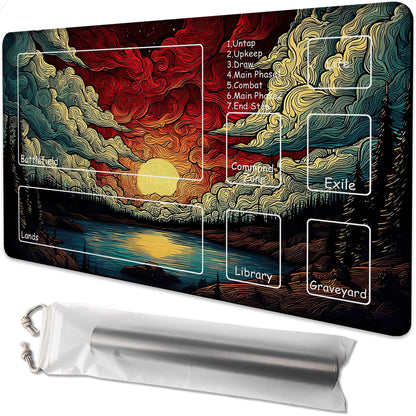 FOJEXBKAS Playmat for MTG Sunset Forest Lake Landscape Magic Play Mat 24x14 Inch Card Game Mat for Magic The Gathering TCG PTCG Playmat with Free