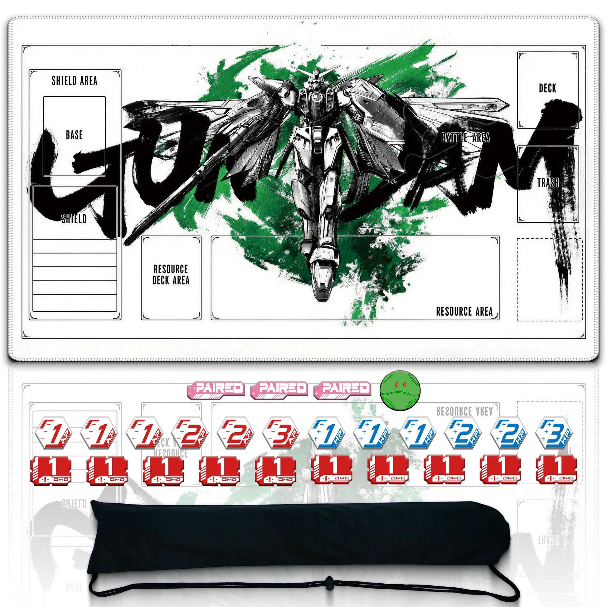 Single-Player TCG Playmat with Zones Compatible with Gundam Card Game, Bonus 26-Piece Acrylic Token Set & Storage Bag Included 24x14 Inches, Non-Slip
