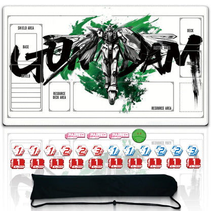 Single-Player TCG Playmat with Zones Compatible with Gundam Card Game, Bonus 26-Piece Acrylic Token Set & Storage Bag Included 24x14 Inches, Non-Slip