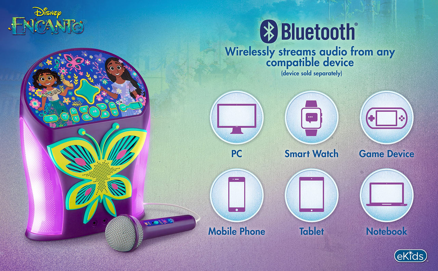 eKids Disney Encanto Karaoke Machine, Bluetooth Speaker with Microphone for Kids, with USB Port to Play Music, Easily Access Playlists with New EZ